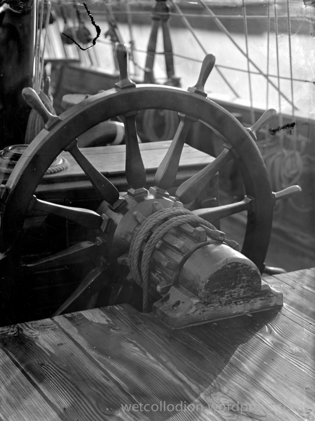 Tall Ship Races 2018; Esbjerg, steering wheel of Schtandart - sailing ship replica; wet collodion negative, photography project: how people traveled in the 19th century, photographer Andrzej Górski