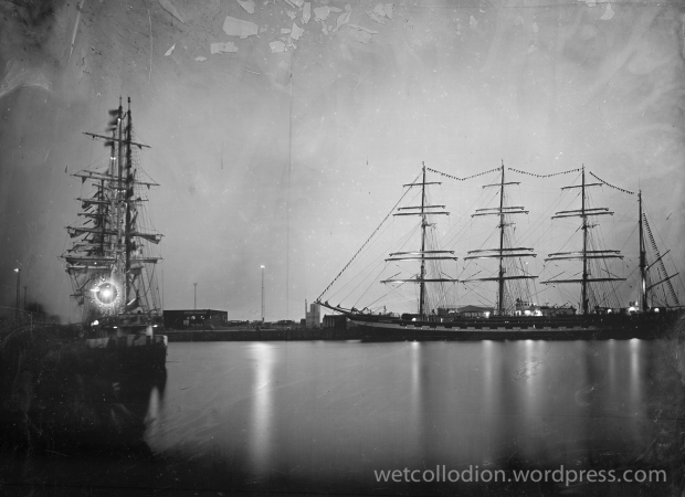 Tall Ship Races 2018; dawn in Esbjerg; Kreuzenstern sailing ship, wet collodion negative, 5 min. long exposing time; photography project: how people traveled in the 19th century